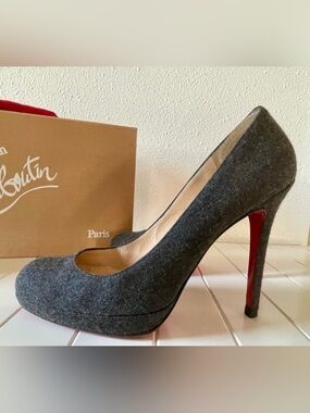 Christian Louboutin Charcoal Gray Flannel Platform Heels Size 38.5